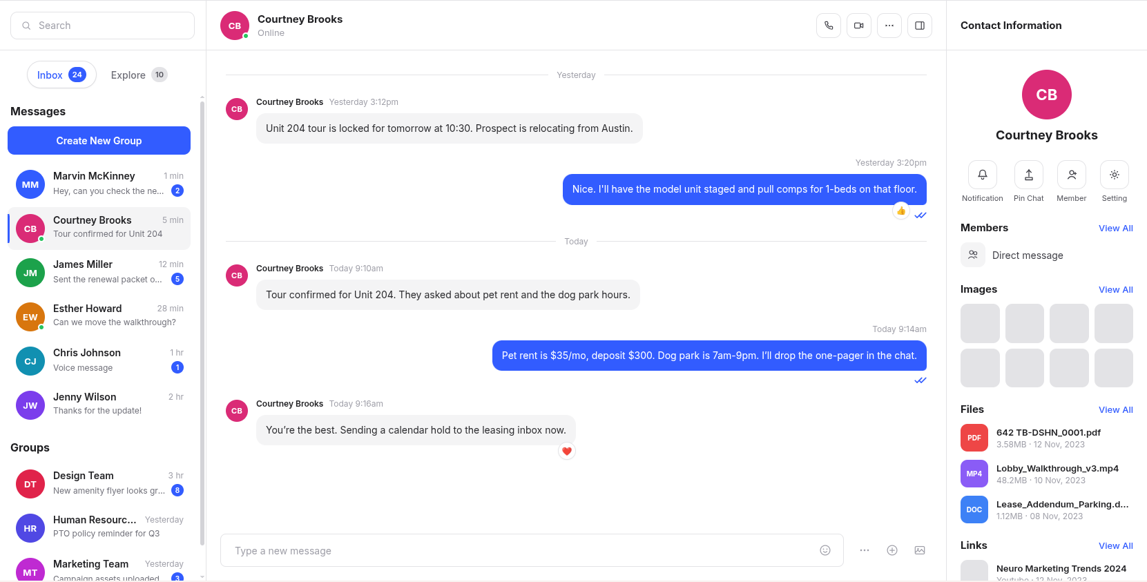 LeaseOps team chat with a leasing conversation and shared files