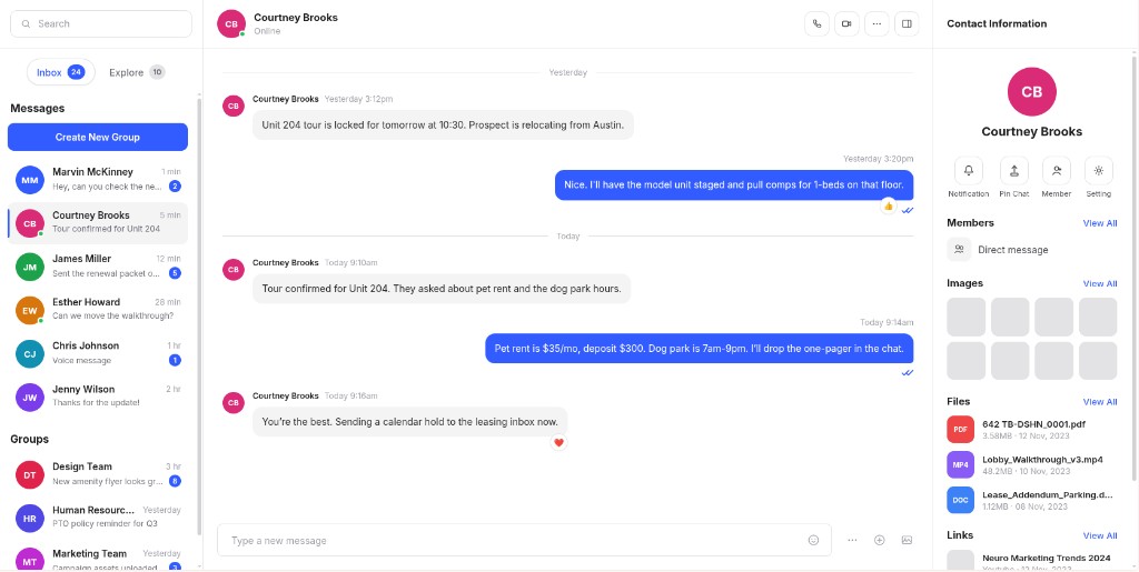 LeaseOps team chat showing message threads, contact details, and shared files