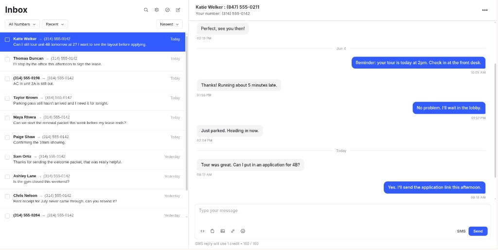 LeaseOps text inbox showing SMS conversations with prospects and residents