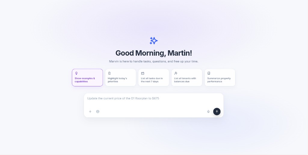 MarvinAI assistant screen with suggested prompts and a message box for leasing requests