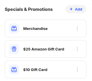 Specials and promotions list showing merchandise and gift card rewards